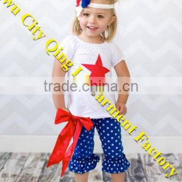 4th of July Little Miss Firecracker Star Spangled Capri Pant Set with Top and Double Ruffle Pants Red Star Appliqued Girls Tee