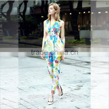 Fashion Flower Printed Deep V Neck Sleeveless Bodycon Romber Trousers Women Jumpsuit photo-2