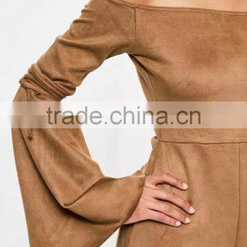 2017 New Brown Faux Suede Flare Tie Sleeve Women Wholesale Playsuit photo-3