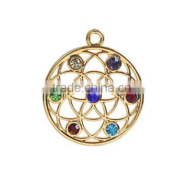 Zinc Based Alloy Yoga Healing Pendants Round Gold Plated Multicolor Rhinestone