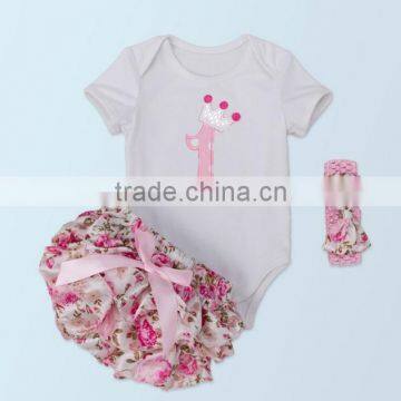 2017 new fashion birthday party baby set,long sleeves,cartoon printing with flower, romper+PP pants+headband for 0-2 years