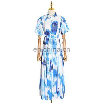 TWOTWINSTYLE Casual Dresses women Tie-dye Lapel Collar Puff Short Sleeve High Waist With Sashes Hit Color