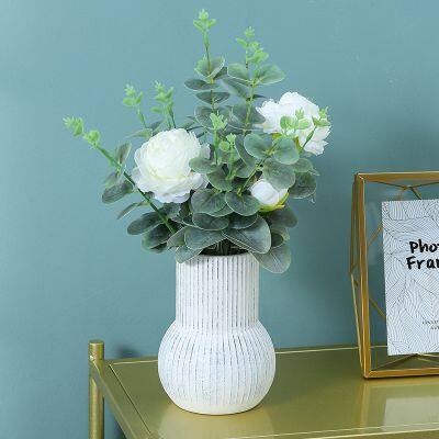 Tall High Quality White Simple Stripe Artificial Flowers Ceramic Vase Artware For Wedding Decoration photo-5