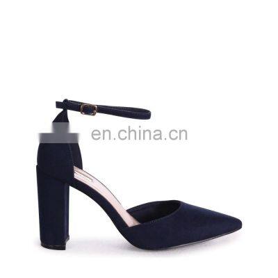 wholesale navy suede court shoe with ankle strap women block heels sandals shoes lady footwear