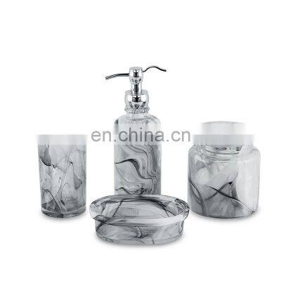 Latest Style Ink Design  Glass Bathroom Accessories Sets  Hot Sales  Hotel Bathroom Set  Top Quality 4pcs Bathroom Set Glass