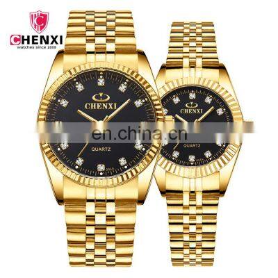 CHENXI 004A Lover Quartz Crystal Diamond Gold Wristwatches Custom Design Waterproof Promotion Couples Wrist Watches