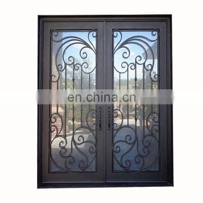 high quality villa security front design exterior metal frame tempered aquatex glass french wrought iron entrance double door