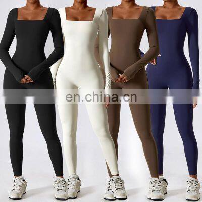 Custom Fitness Rompers Sexy Workout Wear Bodysuit One Piece Jumpsuits Long Sleeve Square Neck Women Gym Yoga Jumpsuit