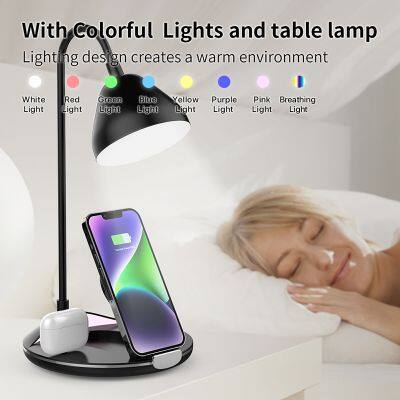 Desktop Mobile Phone Stand Desk Lamp 4 in 1 Multi-function 15W Wireless Charger Mobile Phone Smart Watch Charger photo-6