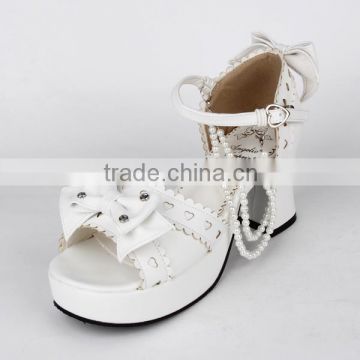 7.5cm Heel white Ankle Straps Bow PU Lolita Shoes for girls