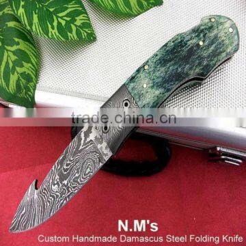 udk f58" custom handmade Damascus folding knife / pocket knife with colored camel bone with Damascus booster