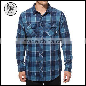 Winter 2015 Navy and Blue Plaid Mens Flannel Shirt with Two Front Pockets