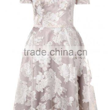 CREAM OFF SHOULDER PROM DRESS WITH GREY FLORAL OVERLAY