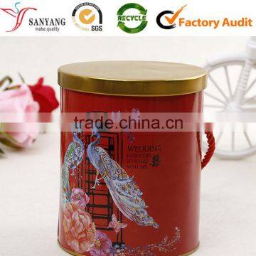 Fashion Colored Printed Tin Cookie Biscuit Food Packaging Box Round Metal Box With Handle