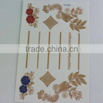 2015 new design 3D Metallic flash temporary tattoo temporary gold foil silver tattoo mixed color with flower styles