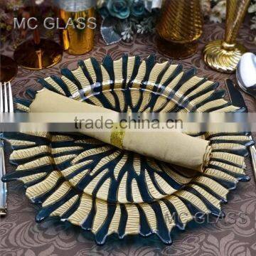 Wholesale New Wedding and Events Decoration Gold Silver Sun Flower Glass Charger Plate