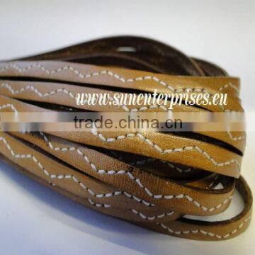 Flat Nappa Leather cords - Italian Leather - Wavy Stitched Brown Yellow- 20mm