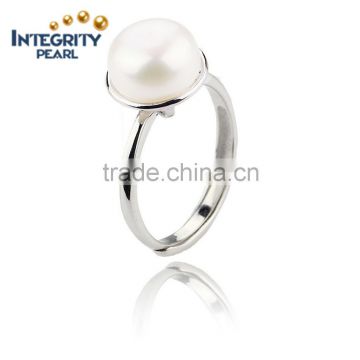 Wholesale cultured natural pearl ring 10mm AAA button sterling silver real pearl ring