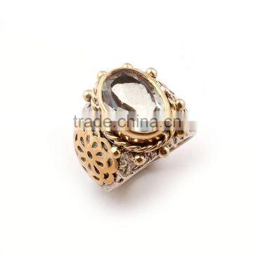 HandCarved Two Tone 925 Silver Ring With Green Amethyst