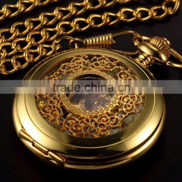 Fashion Skeleton Gold Case Roman Dial Mens Mechanical Pocket Watch photo-4
