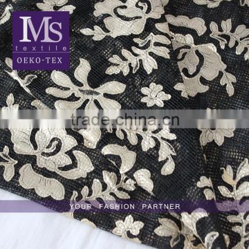 Black Mesh Gold PU Leather Embroidery Lace Fabric for lady fashion dress