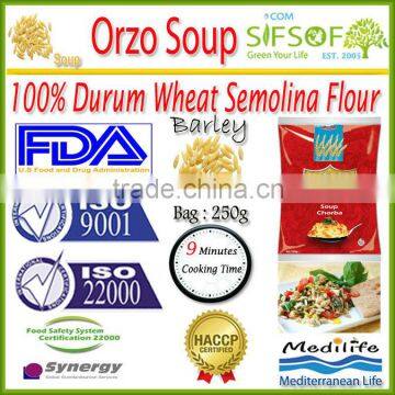 Barley Soup. 100% Durum Wheat semolina flour. High quality Barley. Bag:250 g. Healthy Mediterranean Barley Soup