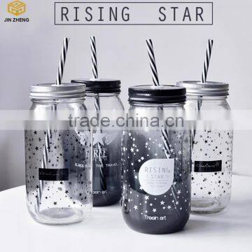 Beverage Creative Juice Drinking Glass Mason Jar With Straw Lid
