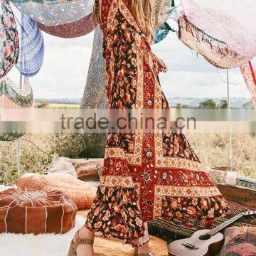 Bohemian Front Button Down Vintage Long Sleeve One Piece Maxi Dress HSd5170 photo-4