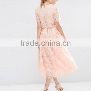 Pink Lace Crop Top and Puff Skirt Wedding Dress Girl's Short Sleeve Prom Two Piece Set photo-4