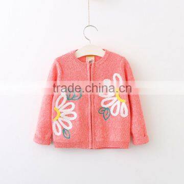 Latest big flowers embroidery knitting girls sweater with metal zipper