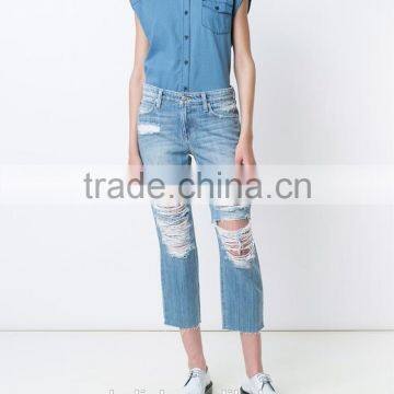 New Arrival 100%cotton Women Sleeveless Denim Shirts Customized photo-2