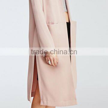 HAODUOYI Women High Split Side Long Trench Collarless Coats photo-6