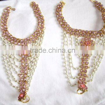 Gold Pink Crystal Pearl Anklets Toe Ring Barefoot Sandal PAYAL PAIR photo-3