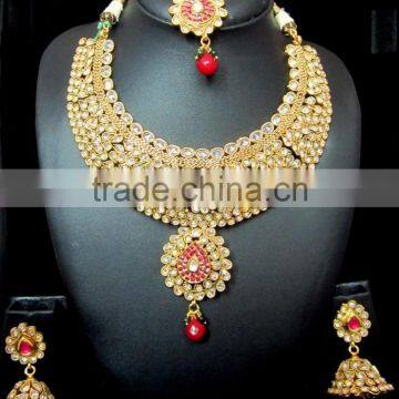 GOLD PLATED Polki Necklace Jhumka Chandelier EARRING Set photo-4