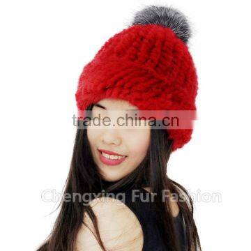 CX-C-239K Cute Style Mixed Color Knitted Cross Grain Real Mink Fur Warm Hats With Fox Fur Pom Pom photo-5