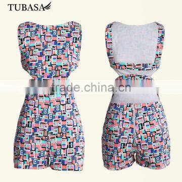 Manufacturer Women Short Square Cut Out Back New Pattern Rompers With Invisible Zipper