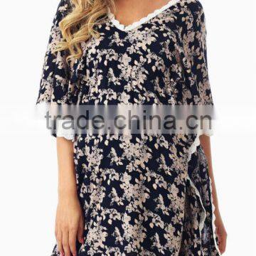 NAVY BLUE MOCHA FLORAL PRINT CROCHET TRIM MATERNITY WEAR