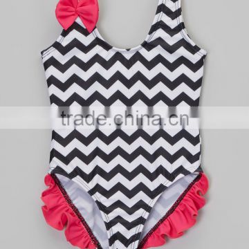 New Summer Girl Beachwear With Black Chevron Ruffle One-Piece Girl Swimwear Girls Clothes G-NP-S905-383