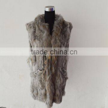 SJ376-01 New Women Clothes 2016 Hand Knit Big Raccoon Collar Rabbit Vest Coat Natural Gray