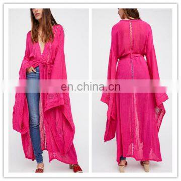 2017 New Style Hot Pink Extra Long Women Cotton Kimono Cardigan