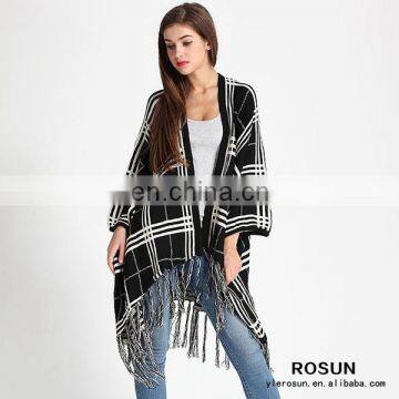 Black-White With Fringed hem Extra Long Poncho Style Cardigan