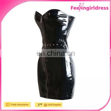 Cheap Fashion Zipper Front Sexy Strapless Black Tight Leather Dress