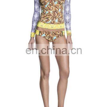 Manufacturer supply pattern printed women surfing suits hot sexy open girls custom made rash guard top sales workout lady dress