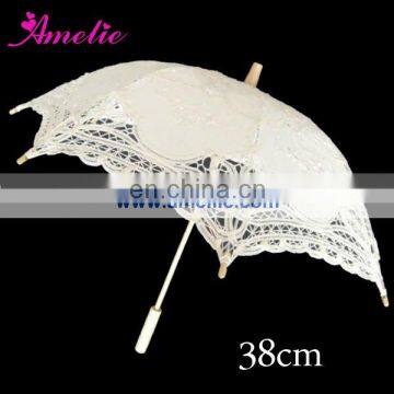 A0164-38cm Wooden Hand Straight lace parasol white wedding umbrellas