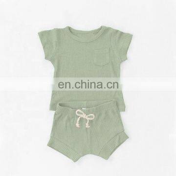 Plain Dyed Boutique Organic Cotton Knitted Ribbed Baby Pajamas Set Wholesale