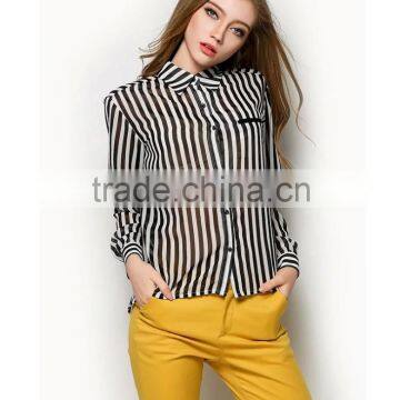 2015 Ladies' White and Black Stripe Long Sleeve Chiffon Blouse for Summer