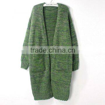 Deep V-neck Knitting Long Coat Lady Long Sleeve Pocket Casual Sweater Cardigan