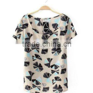 Ladies casual short sleeves fancy print chiffon tops