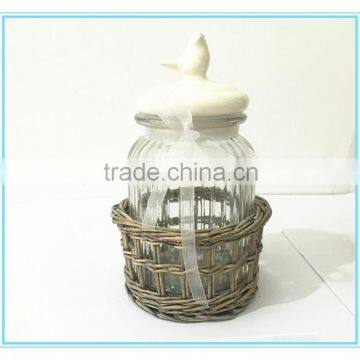 Fulaishan Hot Sale Willow Stand With Glass Round Storage Jar and Ceramic Lid and Ribbons