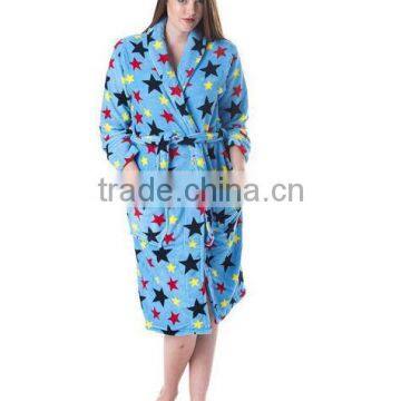 Women's Cutie Print Coral Fleece Wrap Robe--Blue/Star